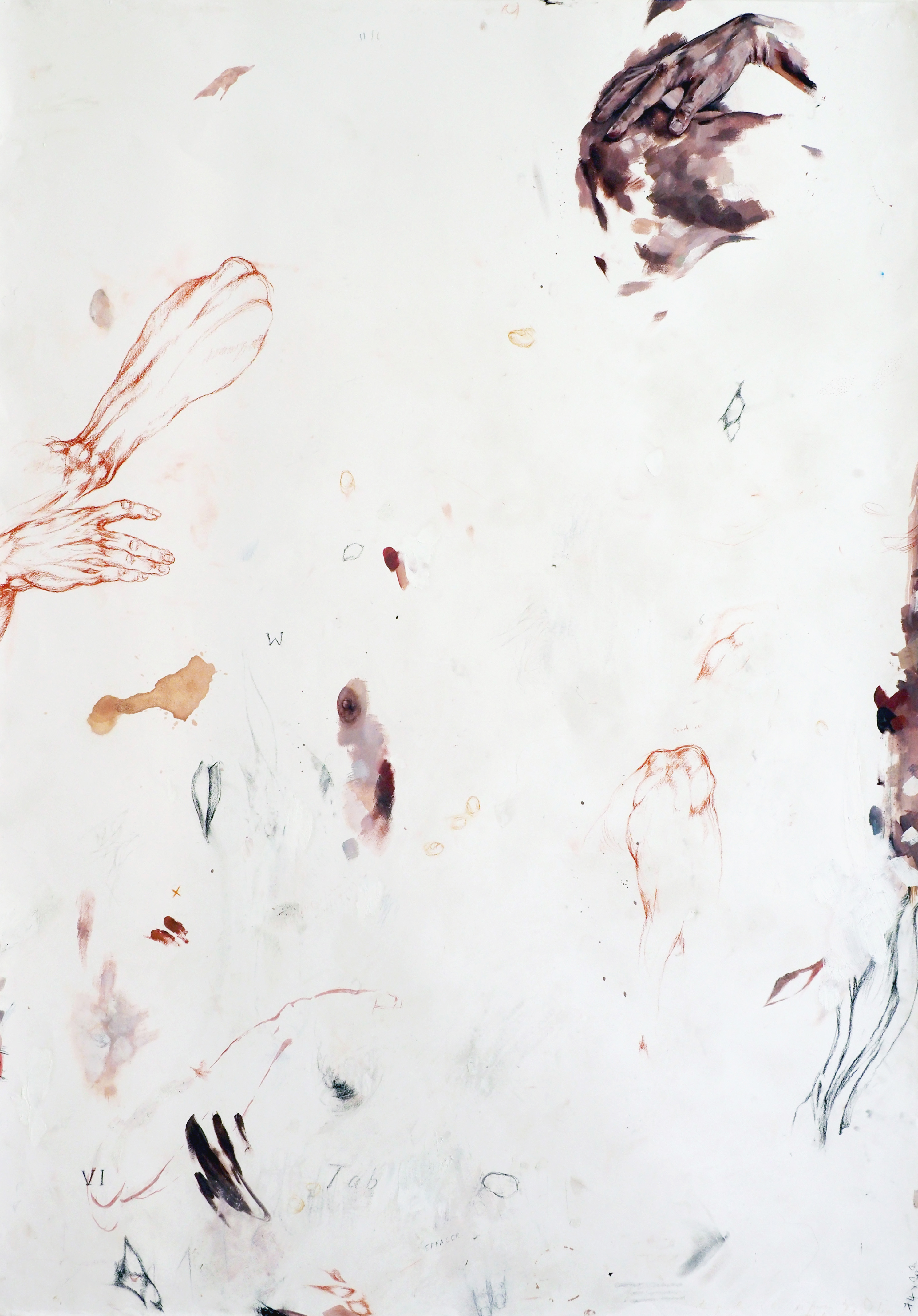 Falgères  1- En corps un trait I (2021), Huile, fusain et sanguine sur papier, 150 x 106 cm.