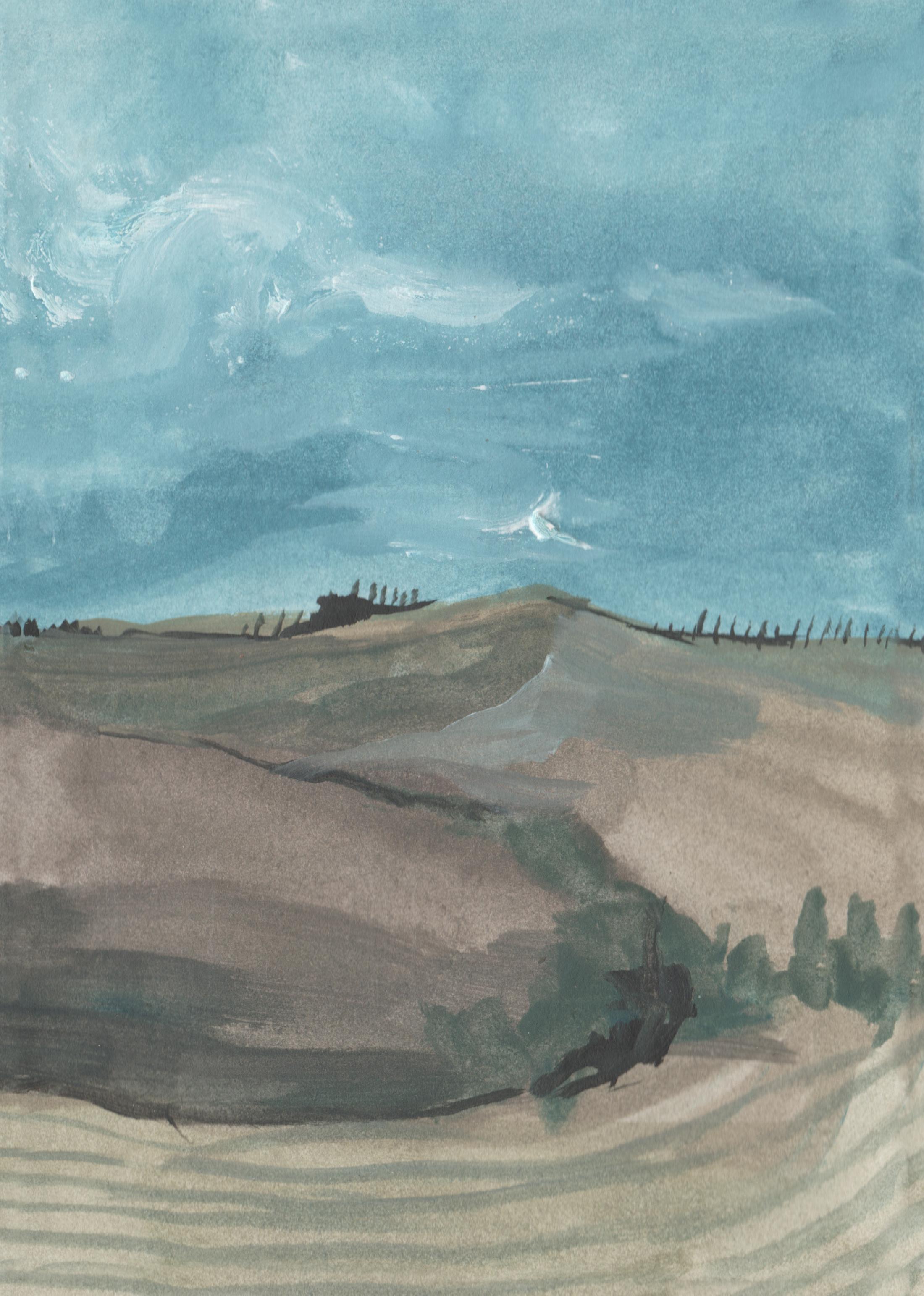 Coppens Garance, Champs et nuages gris, Acrylique, 5X12 cm