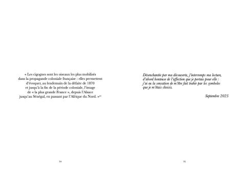 Extrait de memoire ; Lou-Anne Pommé Ameziane, "Cigogne française", La cigogne se gave essentiellement de criquets, 2026, p.34-35.