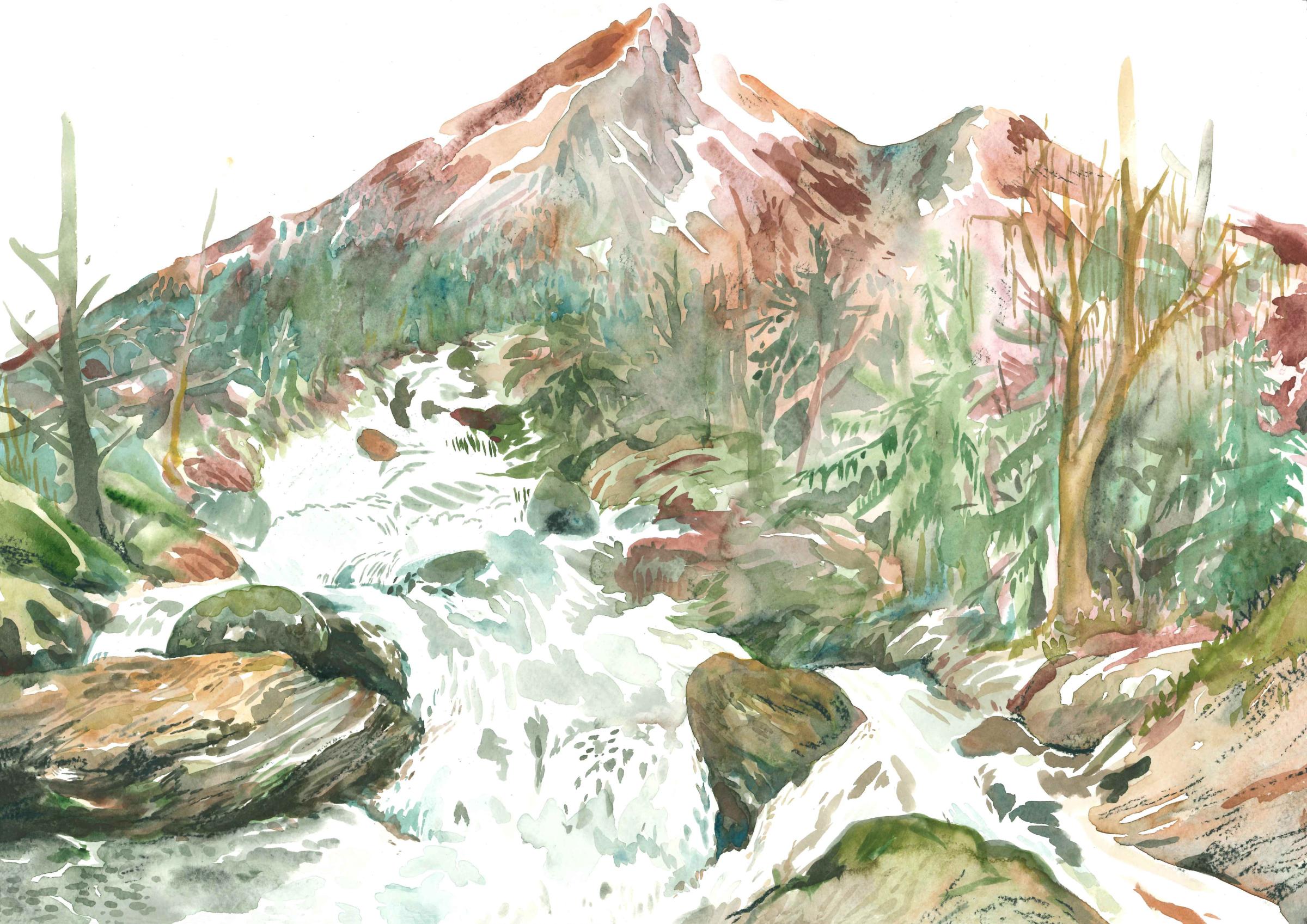 Coppens Garance, L'eau qui court, aquarelle et fusain, 29,7 x 42 cm